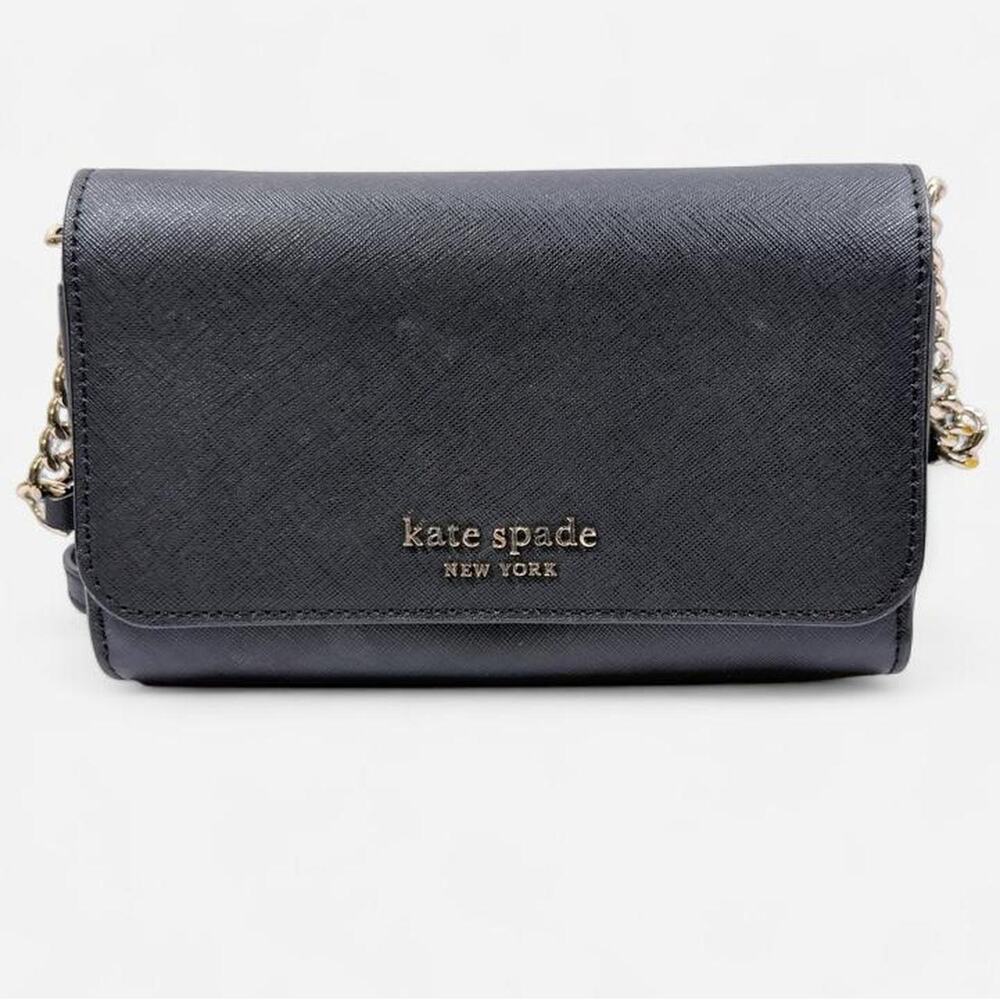 Kate Spade Spencer Chain Crossbody Wallet Black Saffiano Leather Gold Hardware